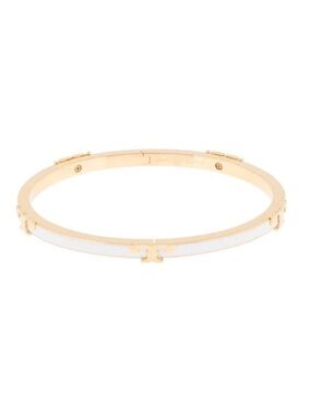 Tory Burch Gold and White Serif-T Enamel Slim stackable Hinged Bangle